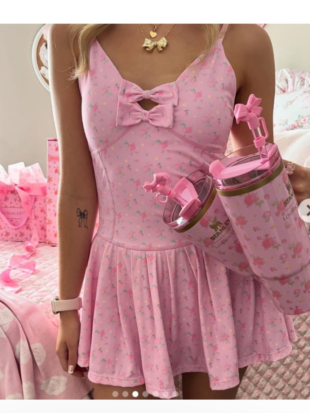 Women’s Pink Floral active dress Bow Detail